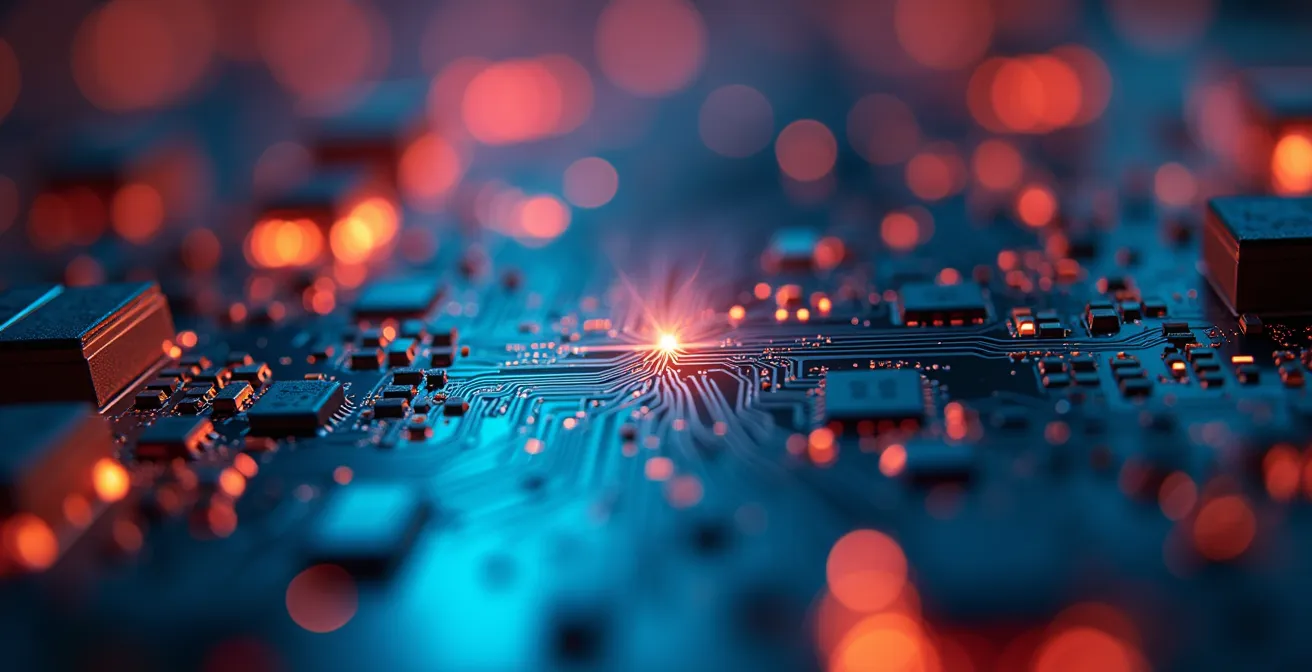 Vue macro de circuits électroniques avec flux de données colorés représentant l'analyse comportementale