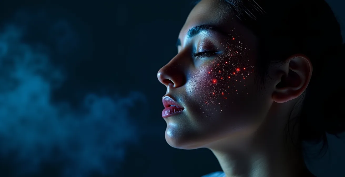 Gros plan sur un profil humain avec des projections lumineuses illustrant l'activité neuronale pendant une expérience immersive