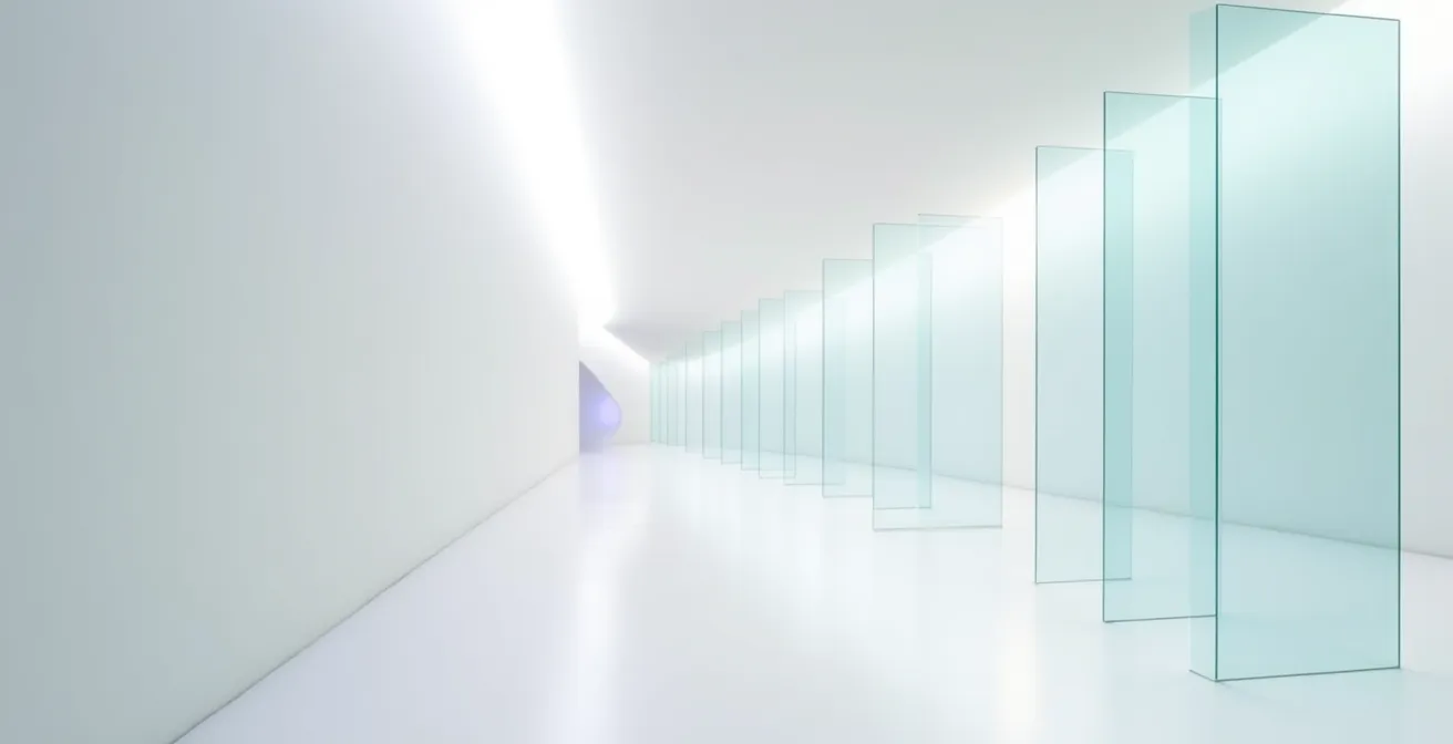 Vue large d'un espace architectural épuré avec des lignes de lumière traçant un parcours fluide