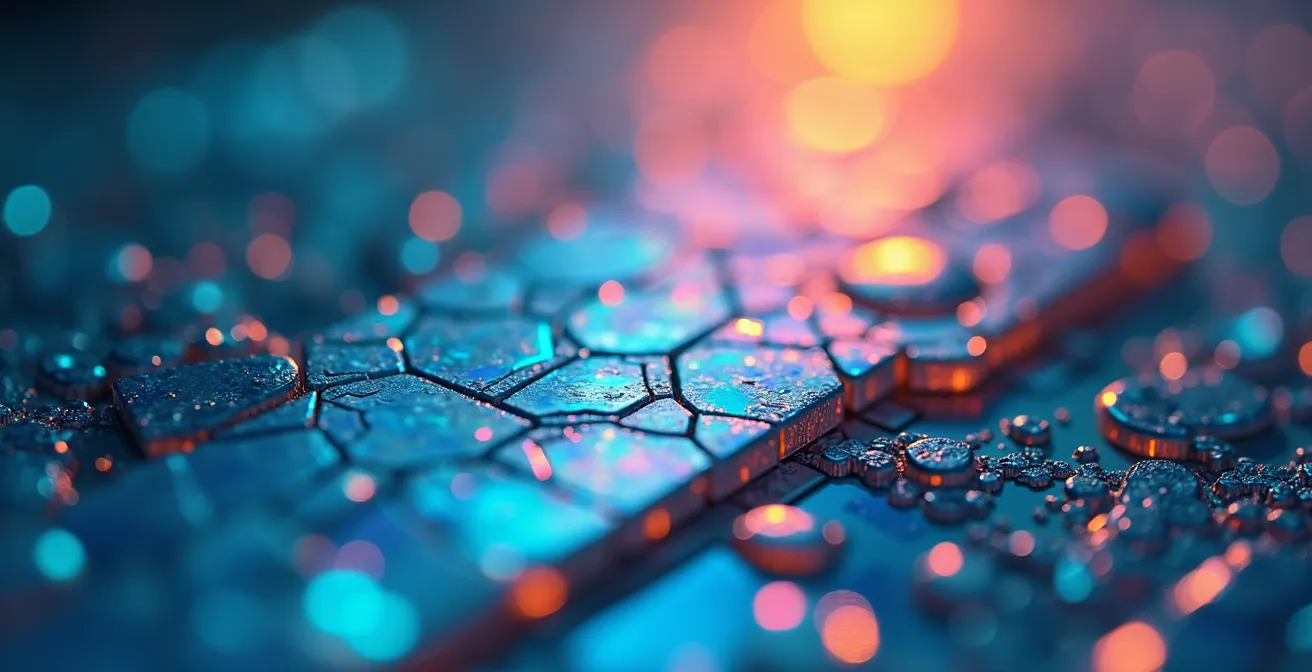 Détail macro d'une surface holographique avec patterns de données