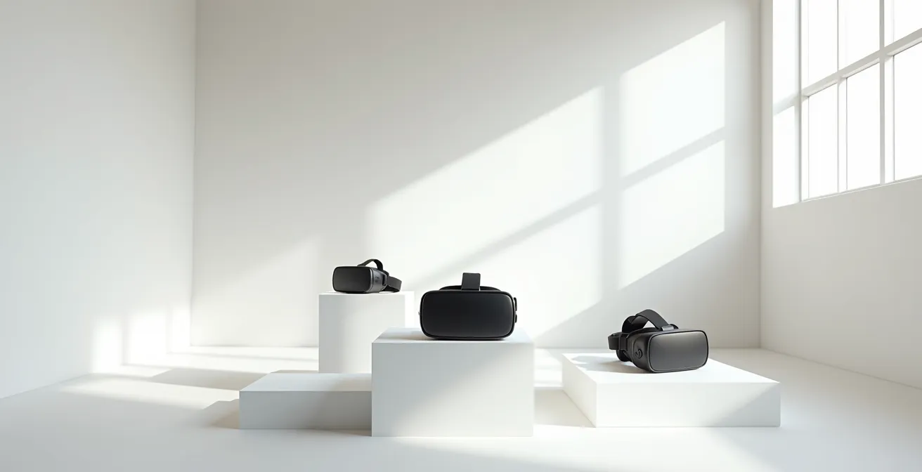 Espace commercial virtuel vide avec équipements VR abandonnés