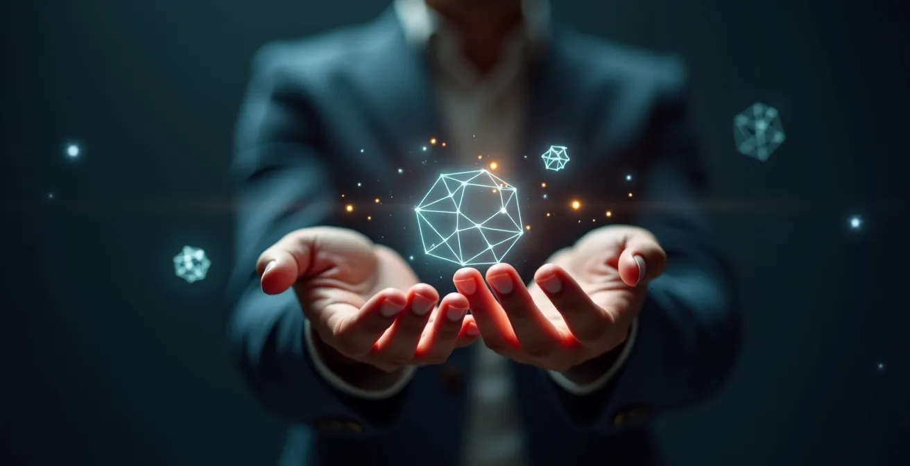 Mains humaines manipulant un produit holographique tridimensionnel